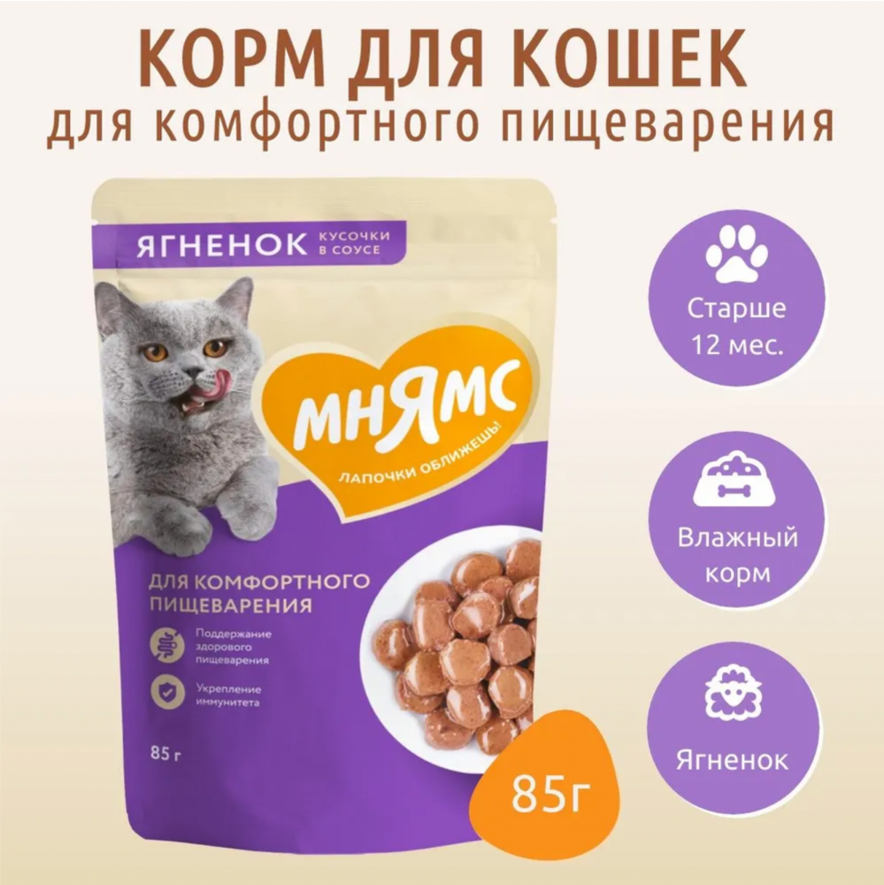 Влажный корм Мнямс Кусочки в соусе с ягненком для комфортного пищеварения у кошек 85 г