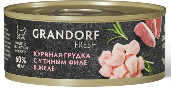 Консервы для кошек GRANDORF FRESH Куриная грудка с утиным филе в желе 70 г