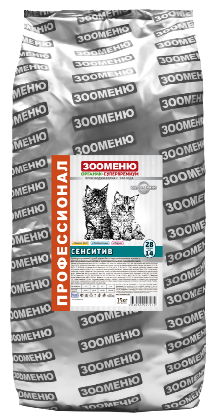 Корм сухой для кошек  Зооменю с уткой и лососем "Сенсетив"