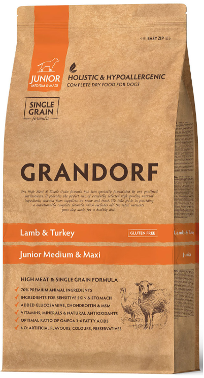 Корм Grandorf Lamb & Turkey Junior Medium & Maxi Holistic для щенков средних и крупных пород от 4 месяцев, беременных и кормящих сук, ягненок с индейкой