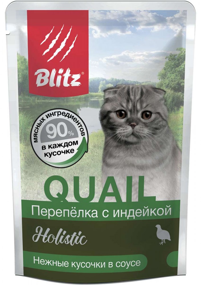 Blitz Holistic: влажный корм для домашних кошек и котов &laquo;Перепёлка с индейкой&raquo; &mdash; нежные кусочки в соусе 85 г