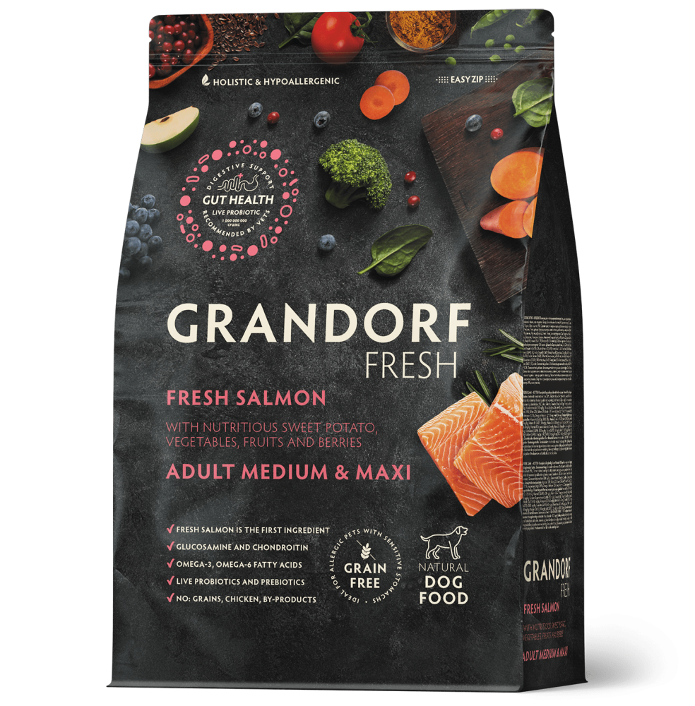 Сухой корм GRANDORF FRESH DOG Salmon MED&MAXI филе Лосося с бататом для взрослых собак средних и крупных пород, для здоровья кожи и шерсти или склонных к аллергии