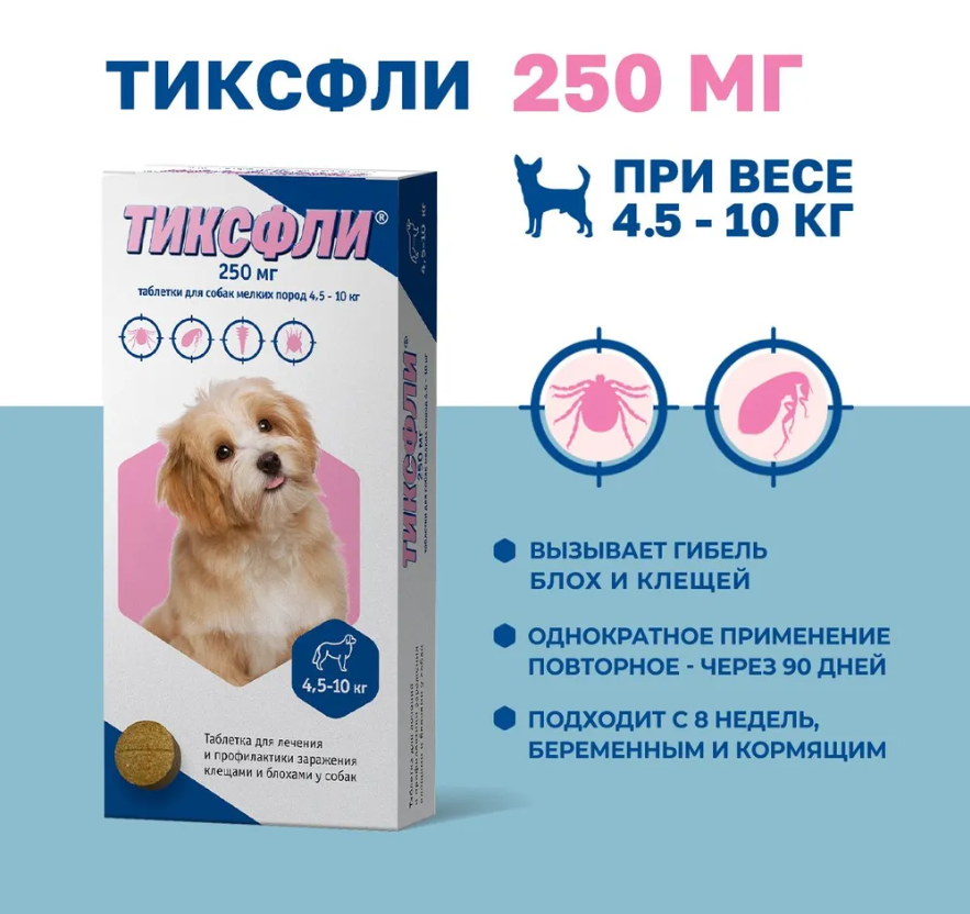 Таблетки Тиксфли 4,5-10 для собак от клещей на 3 месяца
