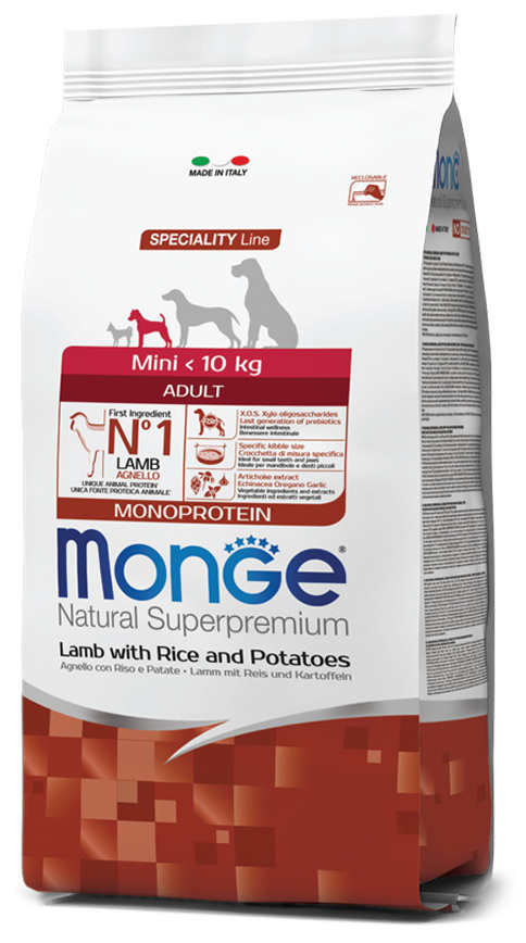 Корм Monge Dog Speciality Line Monoprotein Mini для взрослых собак мелких пород, из ягненка с рисом и картофелем 800 г