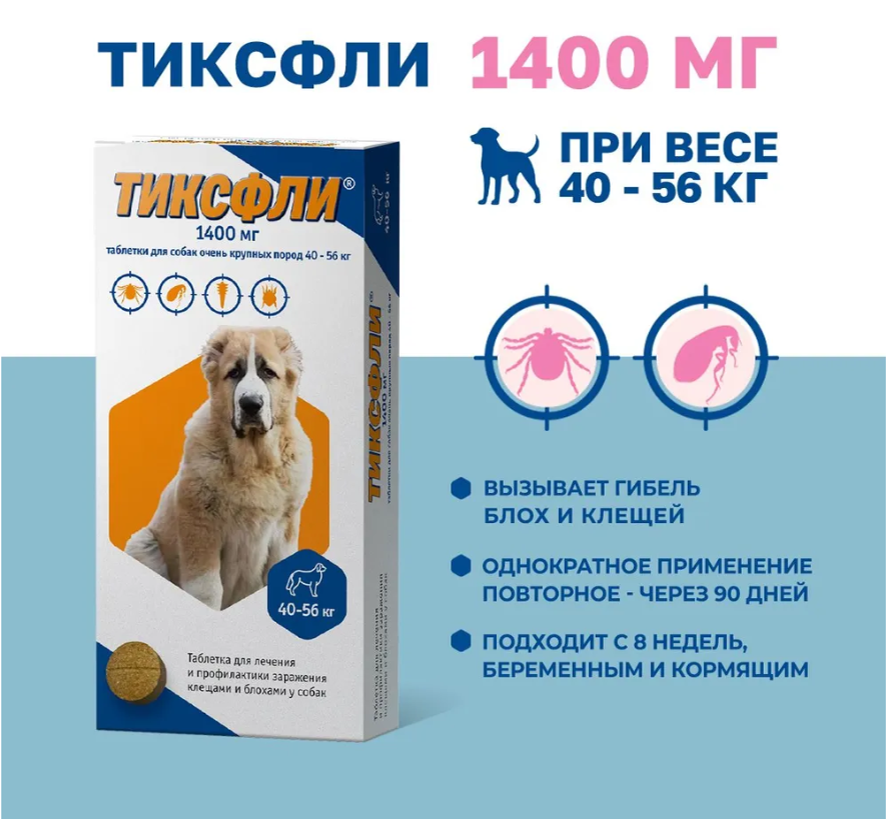 Таблетки Тиксфли 40-56 для собак от клещей на 3 месяца