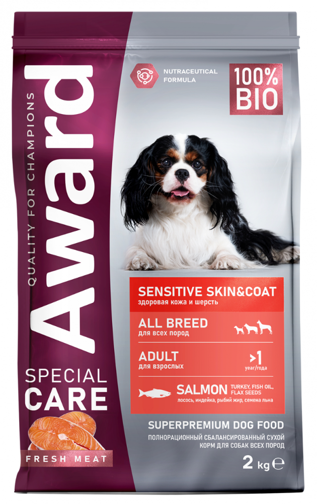 Сухой корм AWARD SPECIAL CARE Sensitive Skin&amp;Coat для взрослых собак всех пород для здоровой кожи и шерсти со свежим лососем
