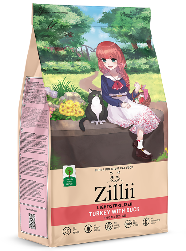 Корм ZILLII Light/Sterilized для взрослых кошек стерилизованных с Индейкой и Уткой