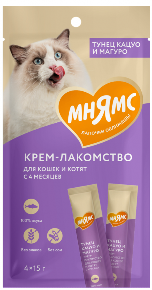 Лакомство для кошек Мнямс Крем с тунцом Кацуо и Магуро 15 г х 4 шт.