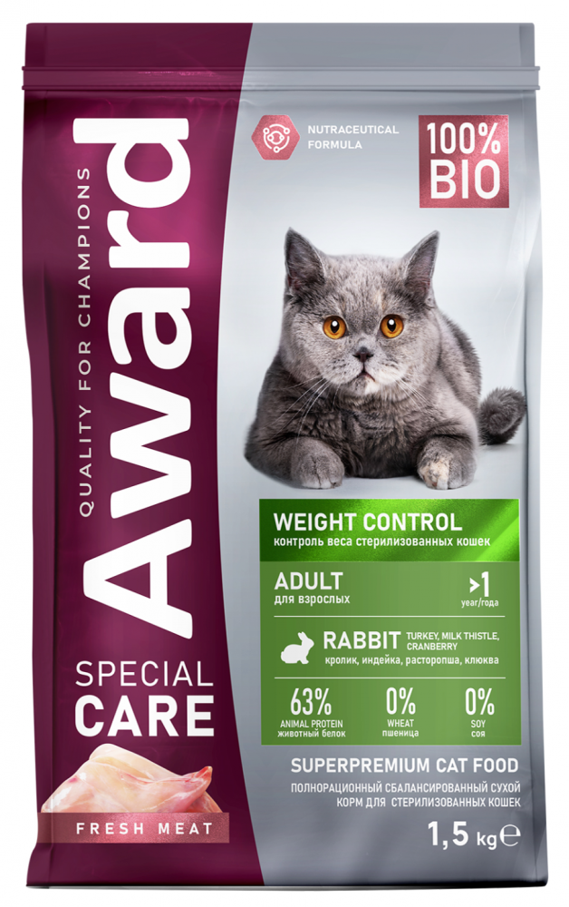 Корм AWARD SPECIAL CARE Weight Control для взрослых стерилизованных кошек для контроля веса со свежим мясом кролика