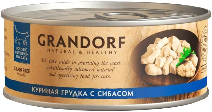 Консервы Grandorf для кошек "Куриная грудка с сибасом в собственном соку" 70 г