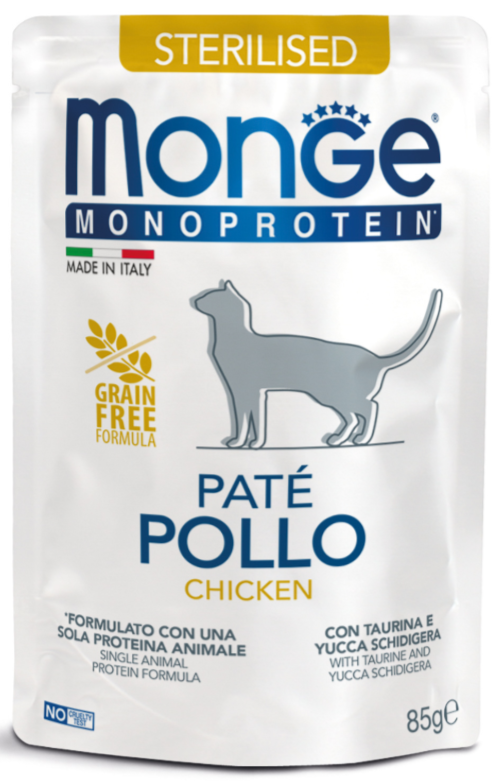 Влажный корм Monge Cat Monoprotein для стерилизованных кошек, из курицы, паучи 85 г
