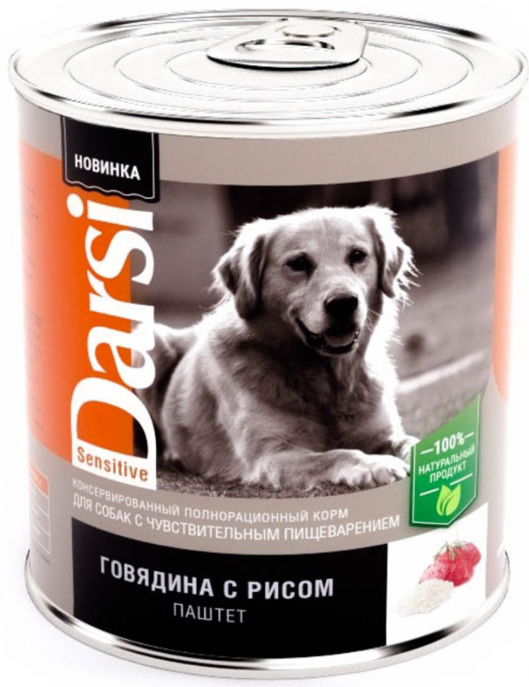 Корм Darsi (паштет) для собак с чувствительным пищеварением "Говядина и рис" 850 г