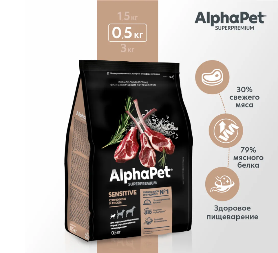 Сухой корм Alphapet Superpremium С ягненком и рисом для взрослых собак мелких пород с чувствительным