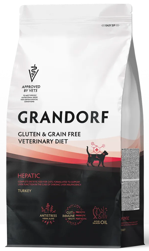 Корм Grandorf VET HEPATIC предназначенный для поддержания функции печени при хронической печеночной недостаточности почек кошекn