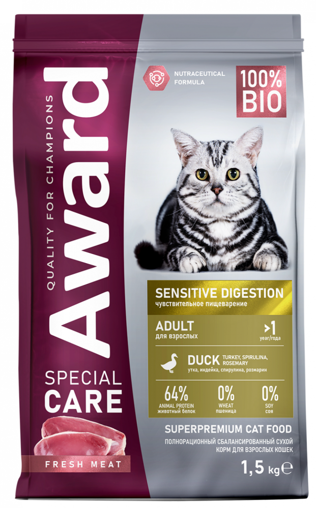 Корм AWARD SPECIAL CARE Sensitive Digestion для взрослых кошек с чувствительным пищеварением со свежим мясом утки