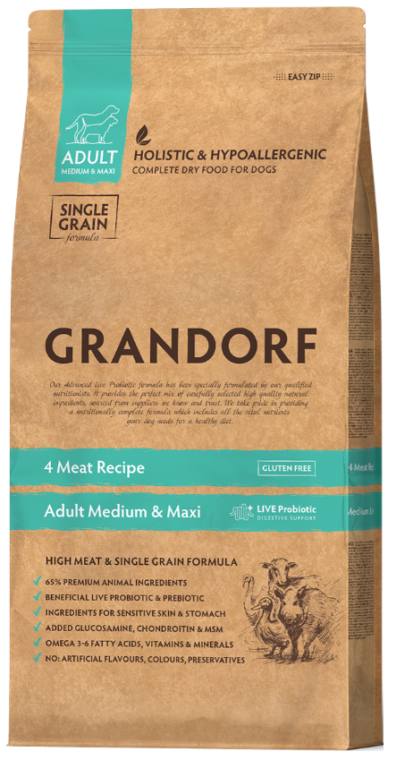 Корм Grandorf 4 Meat Recipe Medium & Maxi Holistic Probiotic для собак средних и крупных пород, с ПРОБИОТИКАМИ, 4 вида мяса с рисом