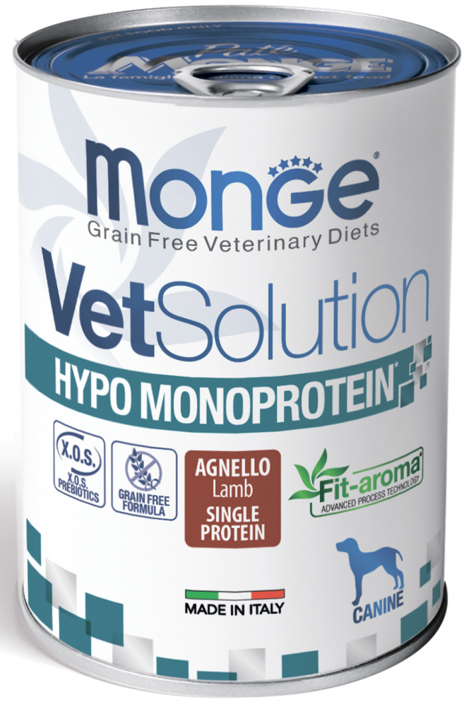 Диетический корм Monge VetSolution Dog Hypo Monoprotein LAMB Гипо монопротеин с ягнёнком для собак для снижения реакции пищевой непереносимости 400г