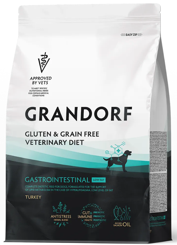 Корм Grandorf VET GASTROINTESTINAL LOW FAT способствующий регуляции метаболизма липидов при гиперлипидемии для собак
