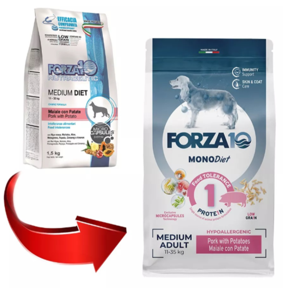 Корм Forza10 MonoDiet Medium Pork & Potato для собак средних пород, при пищевой аллергии, гипоаллергенный, свинина и картофель 1,5 кг