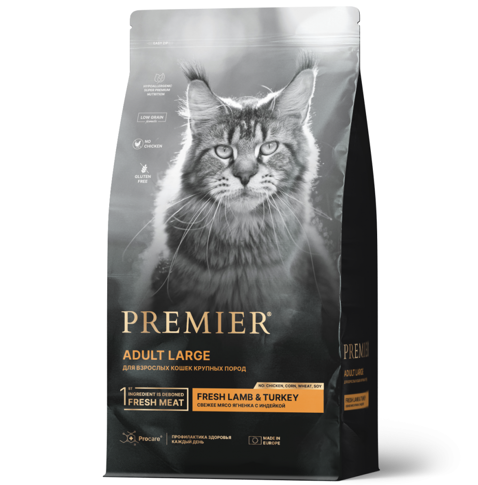 Низкозерновой сухой корм PREMIER Turkey Adult Cat Large для КРУПНЫХ кошек с индейкой