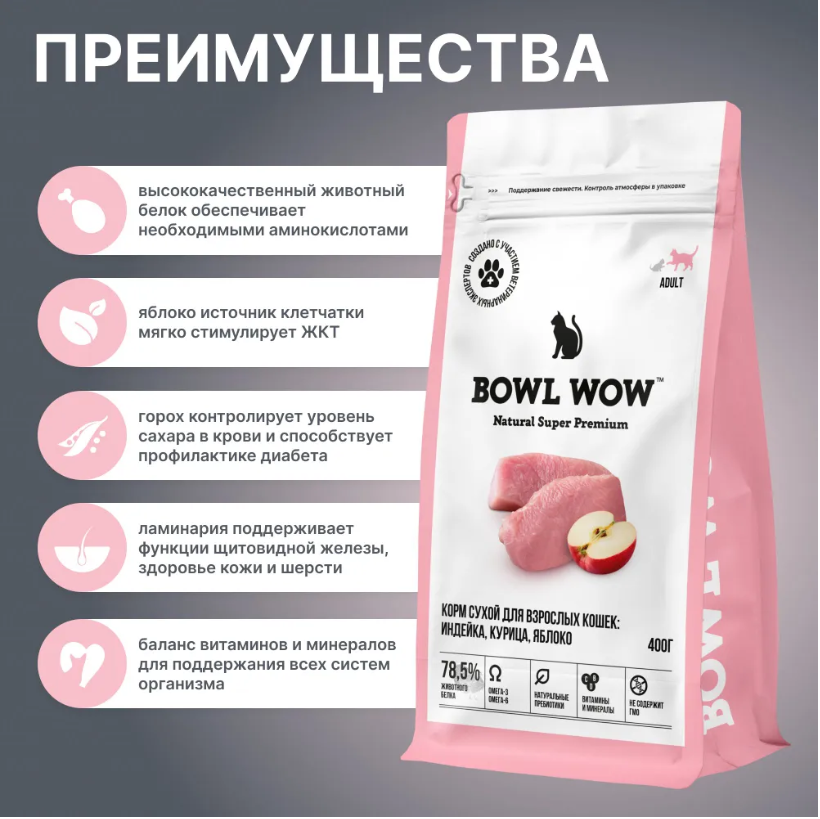 Корм BOWL WOW для кошек с индейкой и яблоком для кошек