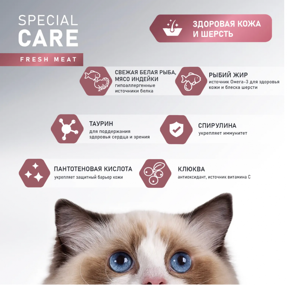 Корм AWARD SPECIAL CARE Sensitive Skin&Coat для взрослых кошек для здоровой кожи и шерсти со свежей белой рыбой