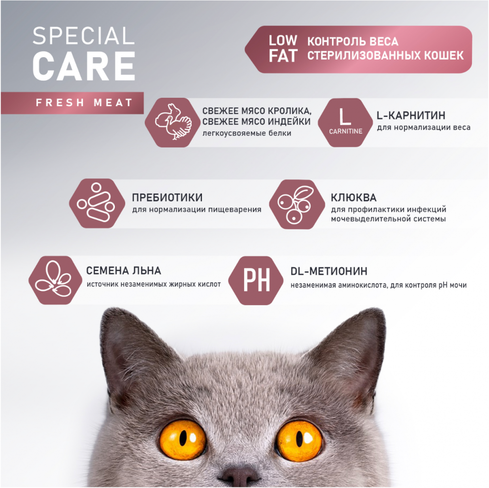 Корм AWARD SPECIAL CARE Weight Control для взрослых стерилизованных кошек для контроля веса со свежим мясом кролика