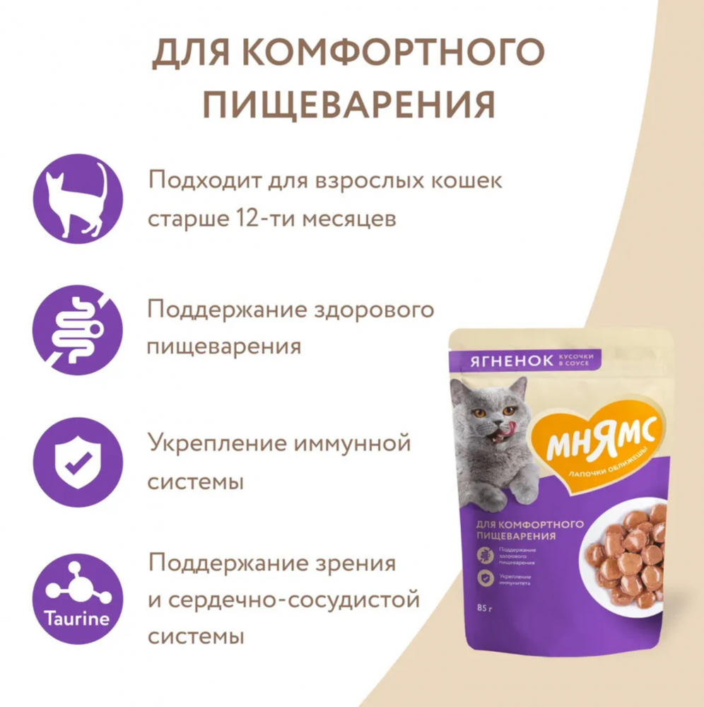 Влажный корм Мнямс Кусочки в соусе с ягненком для комфортного пищеварения у кошек 85 г