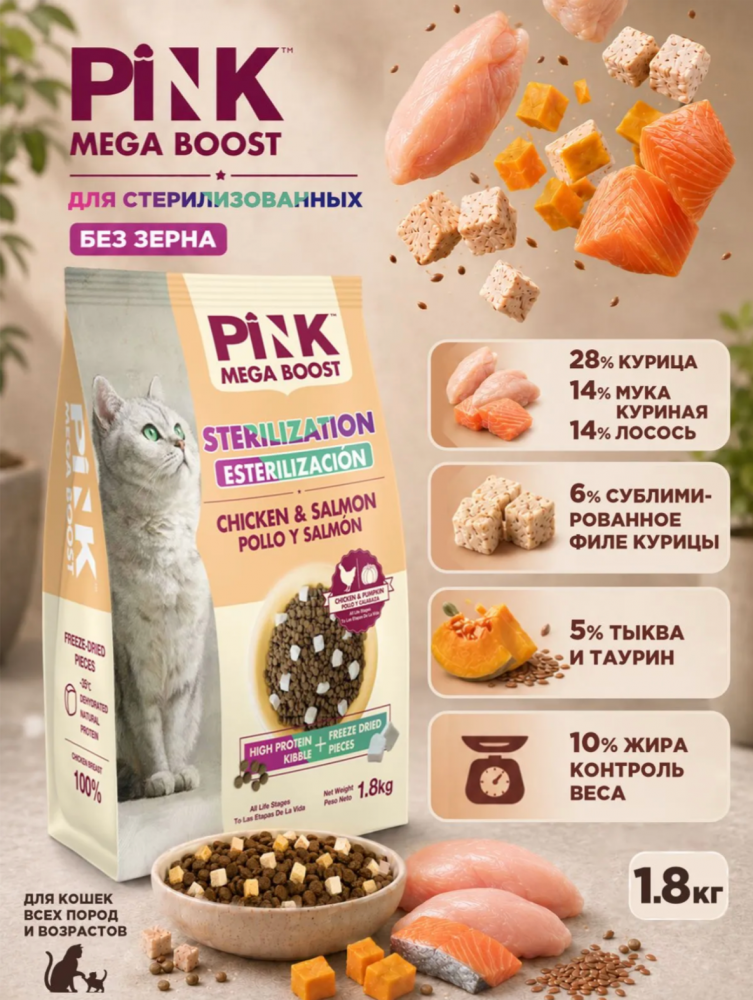 Корм Пинк Мега Буст Стери Курица с лососем: 2 гранулы для кошек