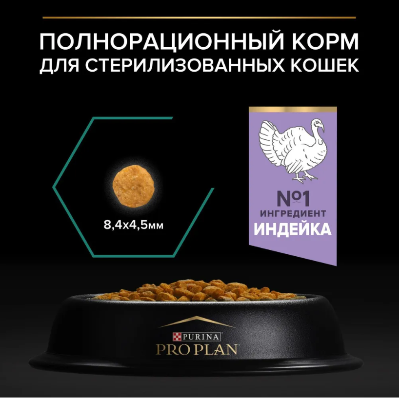 Корм Purina Pro Plan Sterilised при стерилизации и кастрации с индейкой для кошек 1,5 кг