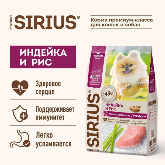 Сухой корм Sirius (Сириус) для взрослых собак мини пород с индейкой 2 кг