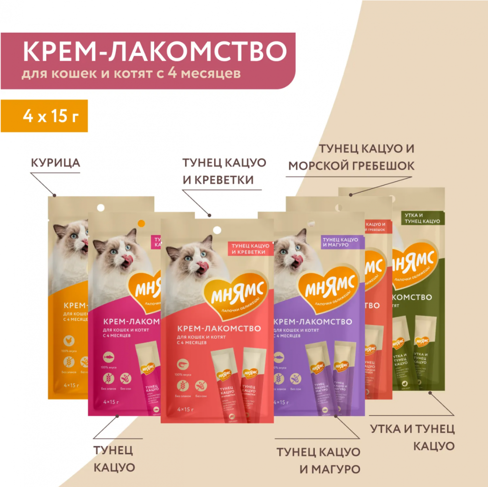 Лакомство для кошек Мнямс Крем с курицей 15г 4шт